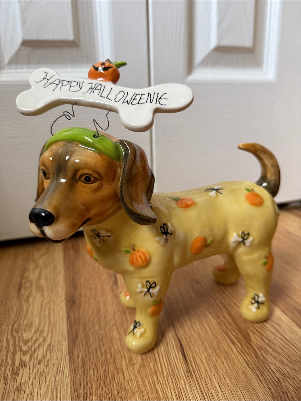 Blue Sky Yellow Pumpkin Dog Figurine with 'Happy Halloweenie' Bone